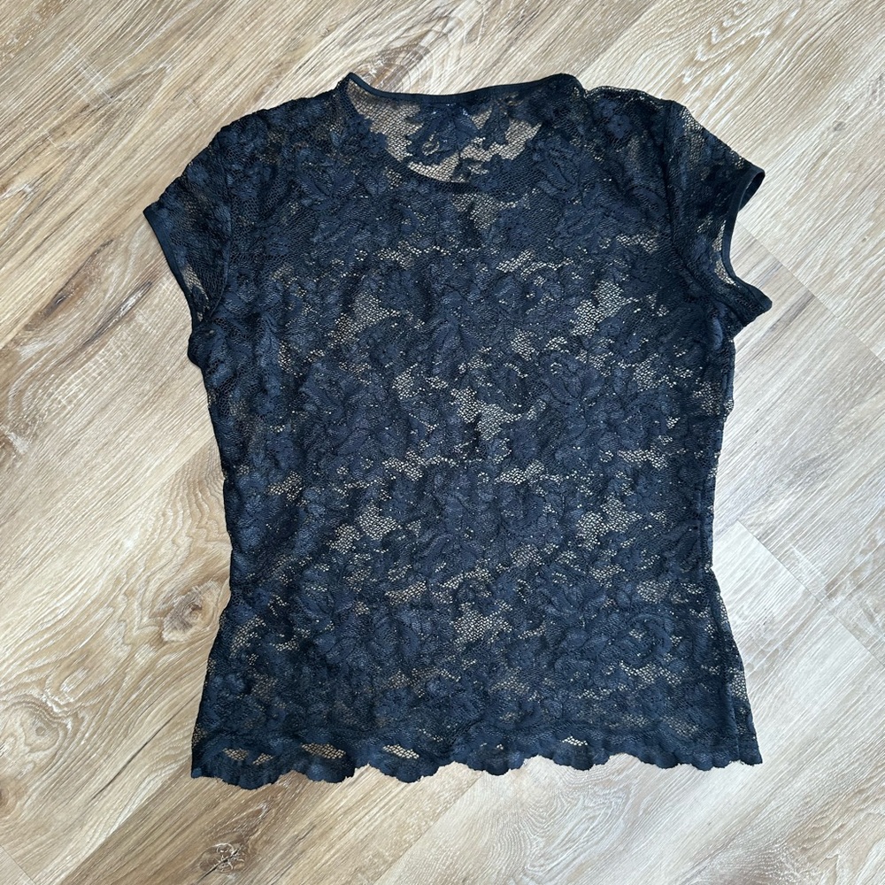 Ann Taylor Black Lace Short Sleeve Sheer Top